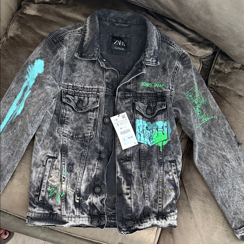 Zara Distressed Black Denim Jacket with Blue and Green Graphics